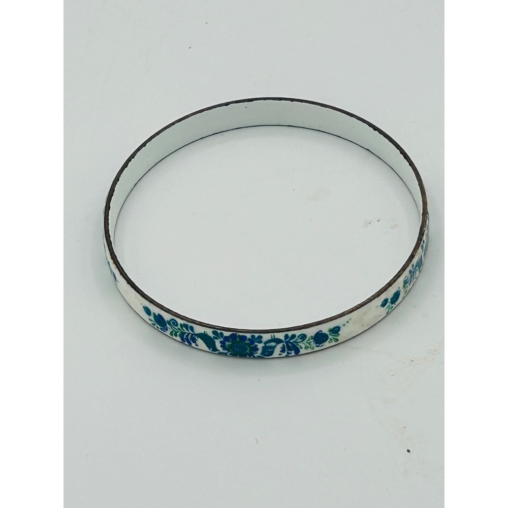 Vintage Heavy Enamel Bangle Bracelet Blue Green Folk Floral White Boho Stackable - Picture 2 of 4